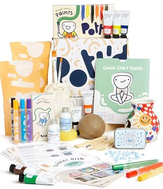 Pott'd™ Deluxe Edition Lufttrocknendes Ton-Heim-Töpferei-Set für Anfänger inklusive Werkzeugen, Farben, Pinseln, Versiegelungslack, Anleitung und Inspiration, Malstifte, Töpfereistempeln