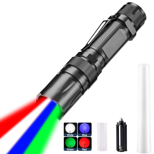 MODOAO 4 in 1 LED Torch Super Bright, Zoomable Hunting Torch with Red Green Blue White Light, Waterproof Powerful Hand Torches w/Shade, Outdoor Road Signal Torch, for Daily Lighting, Camping, Hiking