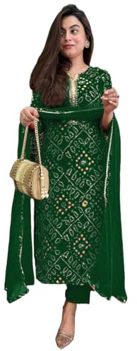 GoSriKi damer viskos rayon tryckt bandhej rak med byxor och Dupatta Kurta, gRÖN, L