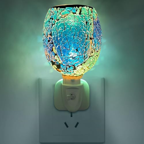 Glass Oil Burner, Electric Plug-In LED Aroma Diffuser Lamp Wax Melt Oil Burner Warmer, Aromatherapy Home Decor and Office Accessory (Mosaic Blue)