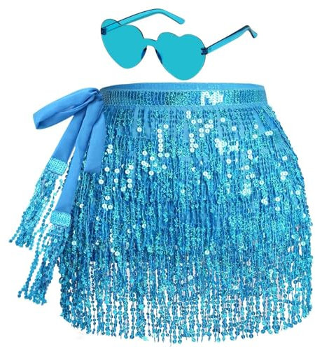 Glitterkjol, damer, franskjol, glitter, med hippie-glasögon, mini, latinkjol, kort, magdans, kostym, rave, kostym för kvinnor, flickor, blå, one size