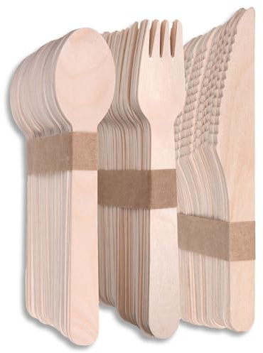 Terra Verde - Juego de 150 cubiertos desechables de madera de abedul, 50 tenedores, 50 cuchillos, 50 cucharas, biodegradable, compostable, sin astillas, ecológico, como bambú, para fiestas, bodas