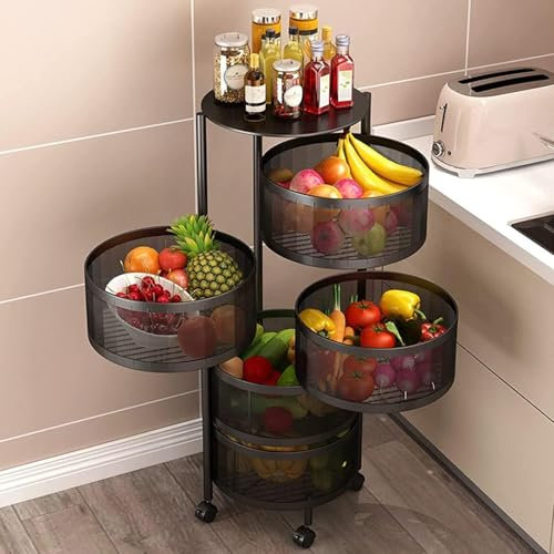Deconation Resserre 5 Paniers Rotatifs sur Roues en Acier Noir | H 90 Cm X D 30 Cm | Etagère De Rangement Cuisine, Salle De Bain, Bureau