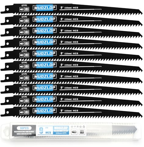 MUOZLOP 10 Pack 9 inch Reciprocating Saw Blades Set,6 TPI High Carbon Saw Blades, Woodcutting Saw Blades with Organizer Case (10, 6TPI/225mm)