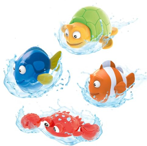 INKEE Toys Wind-Up 4er Pack - 4 Stück aufziehbare Badespielzeuge 1x Schildkröte 1x Krabbe 1x Clownfisch & 1x Blue Tang - Badewanne Spielzeug Kinder