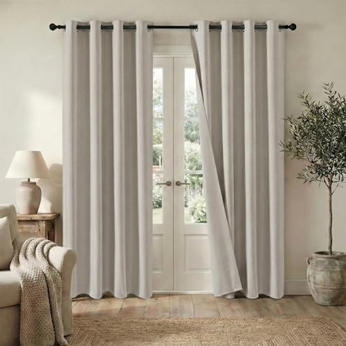 PONY DANCE Sand 100% Blackout Curtains for Living Room - Faux Linen Eyelet Thermal Insulated Curtains Energy Saving Window Drapes for Bedroom, W52 x L90 inch, 132 x 229 cm, 2 Panels