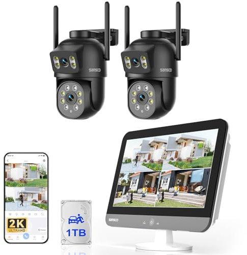 SANSCO 12 Monitor, 4MP Dual Lens Wireless Home CCTV Camera System 1TB HDD | 2PCS x 360° PTZ Security Camera, Auto Tracking, 2K Color Night Vision, Human Detection, 2-Way Audio, Support Up to 16 Cameras
