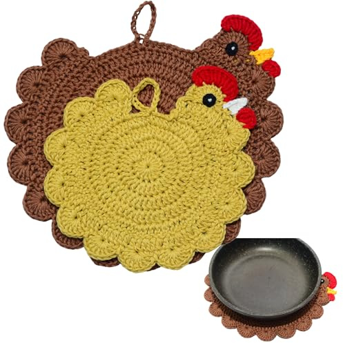 Handmade Crochet Chicken Trivets Set of 2, Chicken-Gifts, Valentine Gifts, Pot Holders, Heat Resistant Farmhouse Kitchen Home Decor, Cooking, Baking, Cute Desk Accessories, Tabletop Protection (2pcs)