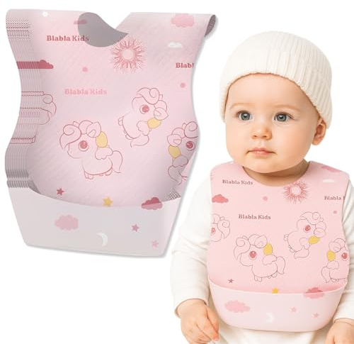 GGUFAY 10 Piezas Baberos para Comer Bebé, Baberos Desechables Bebe, Empacados Individualmente, Motivo Limón & Melocotón, Lavado Libre, Con Recogedor de Salpicaduras & Cierre de Velcro, Liviano