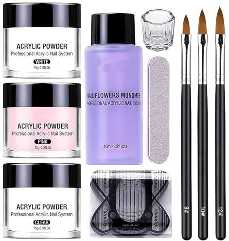 Set di polvere acrilica e liquido, 3 colori, pennello per nail art, forme, tazza di vetro, lima, kit di estensione per unghie per principianti – extension gel rapide
