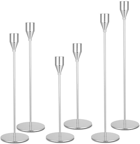 6 delar ljusstake metall, tre typer av ljushållare med höjder på 33/28/23 cm, dekor ljusstake stavljus för bröllop, fester, födelsedagar, bordsdekorationer (silver)