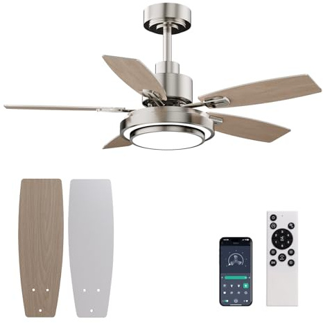 Ceiling Fans with Lights and Remote Control, 42 Inch Flush Mount Ceiling Fan with Quiet Reversible DC Motor, Dimmable LED Lighting, 6 Speeds, Timer, Nickel Ceiling Fan for Bedroom Living Room