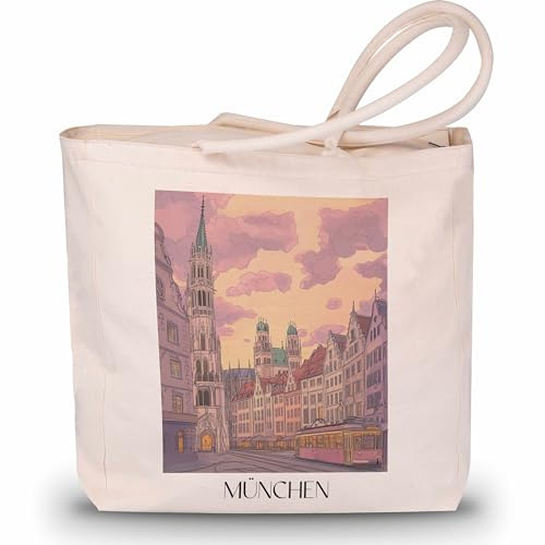 favplace Shopping Tasche mit Städtemotiv München Altstadt Tote Bag - Shopper bzw. Einkaufstasche für Fernweh oder Heimat - Reise Daybag - Jutebeutel