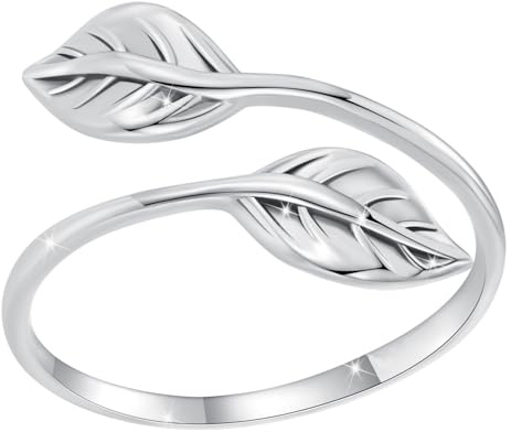 WOSTU Leaf Open Adjustable Ring for Women Filigree Leaf Dainty Botanical Rings Plant Theme Stacking Wedding Ring Eternity Band Jewelry For Her Mom Daughter Grandma