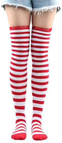 HUVZOR Damen Gestreifte Overknees Strümpfe Ringelstrümpfe Karneval Fasching Cosplay 80er Jahre,cosplay love,femboy clothes,thigh highs,Cosplay Set,Rot und Schwarz