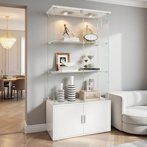SUNFECILI Glasvitrine Standvitrine mit Beleuchtung, Glas Vitrinenschrank Staubdicht mit Tür und Schloss für Sammlungen, 3 Lagen Sammlervitrine aus Holz und Glas für Schlafzimmer (Weiß, Paipai-Licht)