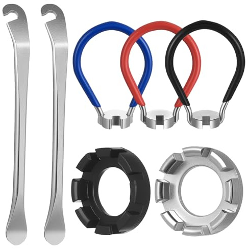 Tiugbjkgk 7 Pcs Kit de Cle a Rayon pour Velo: 3 Clé à Rayon Vélo, 2 Clés à Rayons (Calibre 10-15) et 2 Démonte-pneus, Outils Velo pour Entretien et réglage des Roues de vélos