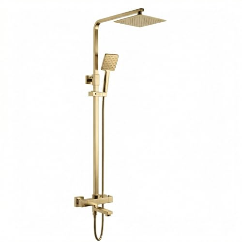 ARKO Thermostatic Mixer Shower with Bath Filler Tap, Rainfall & Handheld Shower Set, Thermostatic Bath & Shower System (Brass)