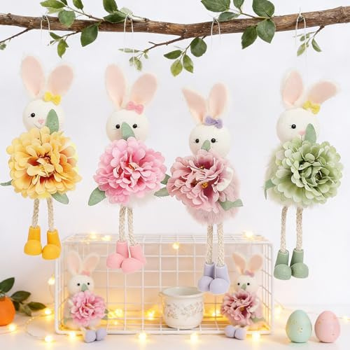 GZWY 4 Stück Osterdeko Osterhase Figuren, 15 cm Ostern Deko Hase mit Künstliche Blumen Anhänger, Osterdeko zum Aufhängen, Hasen Deko Frühling Plüsch Puppen Figur für Frühlingsdeko Osterdeko (A)