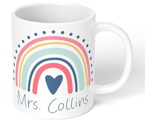 Print Maniacs Thank You Teacher Mug – Personalised with Name – Rainbow Design – Teacher Appreciation Gift – Custom Tea Coffee Cup – End of Term Gift, Leaving, Christmas – 11oz Ceramic