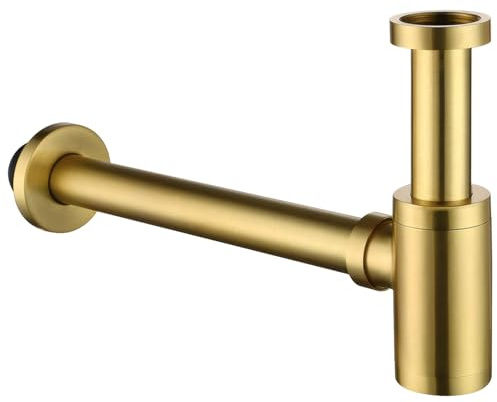 Packool Sifone per lavabo da bagno in oro spazzolato, in acciaio inox 304, kit di scarico G1-1/4, anti-odore, con tubo verticale regolabile, design a parete