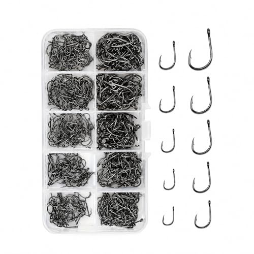 600 PCS Fishing Hooks, Fishing Accessories, Carp Fishing Tackle, Freshwater Fishing Accessories, 10 Sizes 3-12# Each 60PCS, for Freshwater Fishing with Box