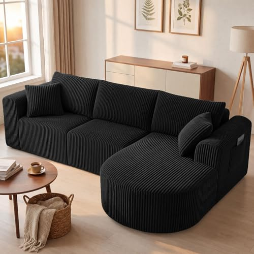 COMHOMA Boneless Corner Sofa Couch Cloud Modular Sectional Sofa L Shaped Memory Foam Corduroy 245CM Couch for Living Room, No Assembly 3–4 Seater