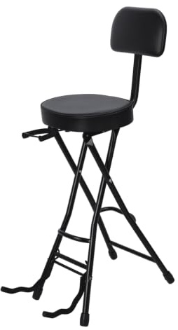 Guitar Stool with Padded Cushion and Ergonomic Backrest, Heavy-Duty Folding Chair Featuring Built-in Guitar Stand, Portable 73cm Seat for Acoustic Electric Bass PlayersBlack