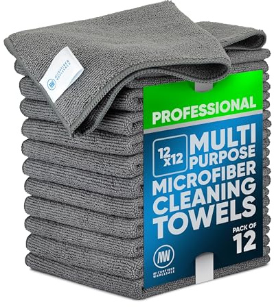 12 x 12 Buff Pro Multi-Surface Microfiber Cleaning Cloths | Gray - 12 Pack | Premium Microfiber Towels for Cleaning Glass, Kitchens, Bathrooms, Automotive, Supplies & Products