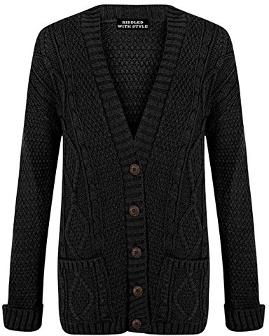 Purple Hanger New Womens Everyday Long Sleeve Button Top Ladies Chunky Aran Cable Knit Grandad Cardigan (8-10, Black)