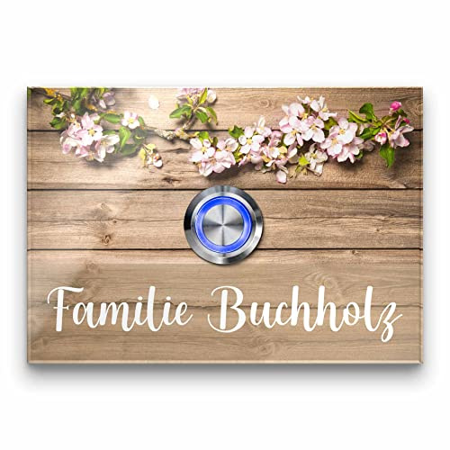 Premium Designer Türklingel mit Namen - Wunschtext | LED-Klingelknopf 10x7 cm | Modell: Weber - beschriftete Klingel aus Hochglanz Acrylglas und Edelstahl Klingelschild Taster beleuchtet