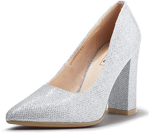 IDIFU Women's IN4 Chunky-HI Block High Heels Closed Pointed Toe Pumps Dress Office Shoes for Women (7.5, Silver Glitter)