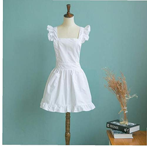 AMOYER 1pc Frauen Schürze Victorian Pinafore Schürze Maid Smock Kostüm Rüschen Arbeits-schürze Weiß