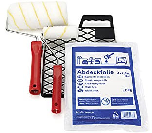 PLID® Malerset für Wandfarbe - Streichset mit Abstreifgitter für Farben - Malerroller groß & klein für innen & aussen - Farbrolle für Fassadenfarbe- und Innen- Wandfarben mit Abdeckfolie