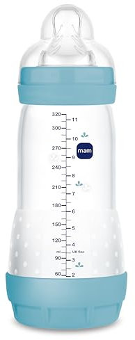 MAM Biberon Anticocoliche a partire da 4 mesi, 320 ml, con tettarella a 3 flusso rapido in silicone, facile da accettare, autosterilizzabile, facile da pulire, Easy Start Anti-Colic, blu opaco,