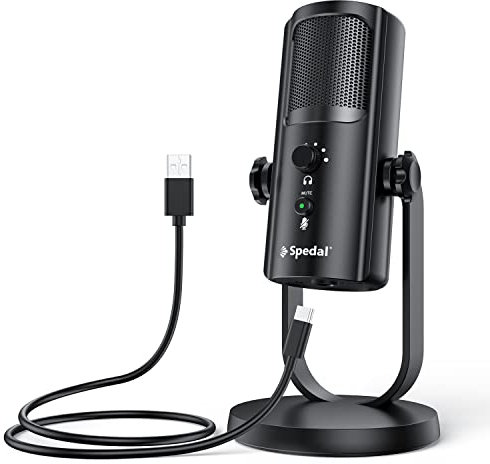 Spedal USB Gaming Mikrofon, 4 Pickup-Patterns Kondensator Mikrofone mit Stummschalttasten eingebauter Pop-Filter Kopfhörerausgang und Lautstärkeregelung Shock Mount für PC, Mac, PS4 und PS5