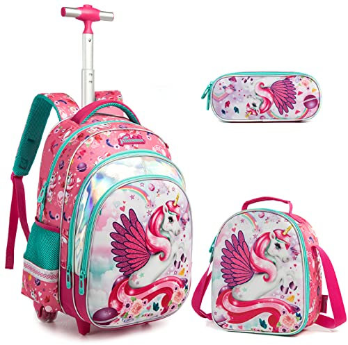 Egchescebo Rucksack Mädchen Schulranzen Trolley,Schulrucksack Mädchen Teenager 3PCS 17” Kinder Schultrolley Geeignet für Schule und Reise,Essensbeutel und Federmäppchen, Rotes Einhorn