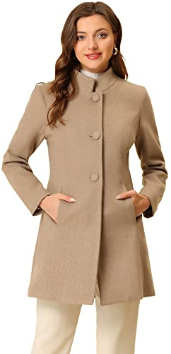 Allegra K Women's Winter Overcoat Mid-Long Stand Collar Single Breasted Coat Outerwear, Light Brown, L