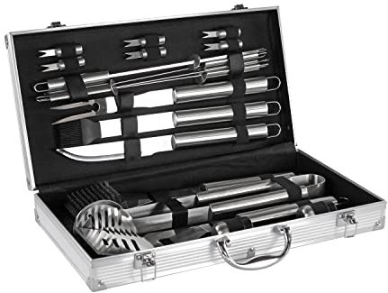 Mastercook - Kit Accessori Professionali In Acciaio Per Barbecue Con Valigetta, Set Accessori Bbq Con Pinze, Forconi, Spatola E Spazzole, Valigetta Attrezzi Barbecue