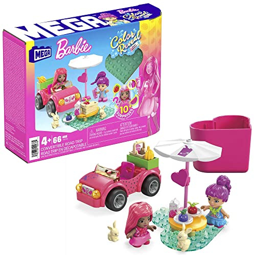 MEGA HKF90 - Barbie Color Reveal Bauspielzeug, Cabrio-Ausflug mit 2 kleinen Barbie-Puppen, Zubehör, 2 Tieren, Farbwechsel und 10 Überraschungen, Konstruktionsspielzeug für Kinder ab 4 Jahren
