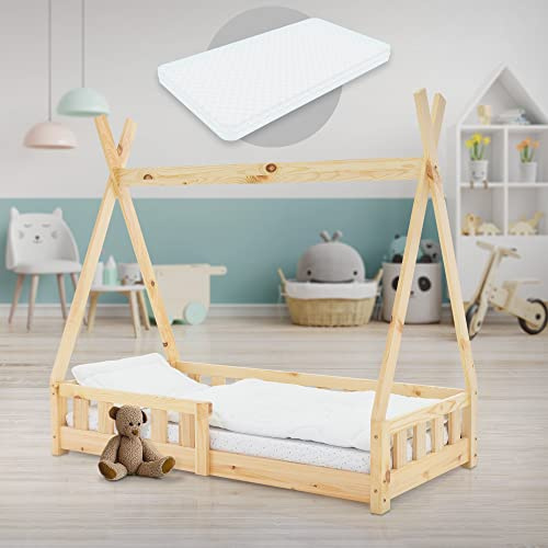 ML-Design Kinderbett Tipi 70x140 cm Natur mit Matratze, Rausfallschutz und Lattenrost, aus Kiefernholz, Indianer Bett für Mädchen & Jungen, Hausbett mit Zaun, Bodenbett Jugendbett Spielbett Holzbett