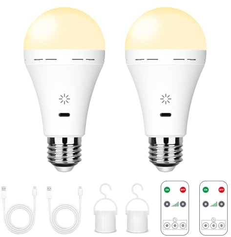 E27 Aufladbare Glühbirne mit Fernbedienung & Touch, 3000K Warmweiß, 2 Stück | 2600mAh Batterie Glühbirnen, Akku LED dimmbar 7W 700lm, USB-C, 3 Timer, Haken, für Lampen ohne Strom, Camping & Außen