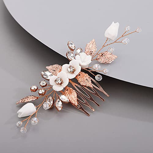 Chargances Hochzeits-Haarkamm mit weißer Blume, Brautschmuck, Strass, Blatt, Kristall, Seitenkamm, Roségold, handgefertigt, Kopfschmuck, Haarschmuck für Frauen und Mädchen (Roségold)