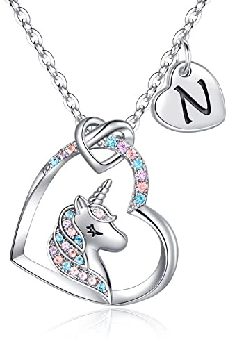 TINGN Einhorn Geschenke für Mädchen, Einschulung Mädchen Einhorn Kette 14K Weißgold Vergoldet CZ Herz Anhänger Kette Prinzessin Geburtstagsgeschenk Einschulung Geschenk für Kinder Tochter Enkelin