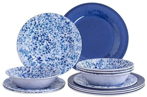 Juego de vajilla de melamina, servicio de 12 piezas para 4, vajilla de porcelana azul y blanca para uso en interiores y exteriores, juegos de platos y cuencos irrompibles, apto para lavavajillas, sin