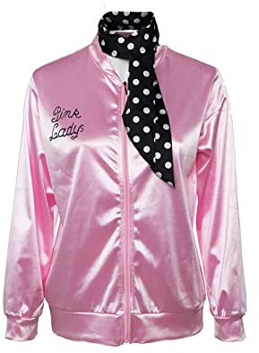 Seaehey 50s Pink Ladies Satin Jacket with Neck Scarfs 60s 70s Satin Bomber Jacket Vintage College Baseball Jacke Zipper Coat Hip Pop Motorcycle Pink Satin Silk Coat