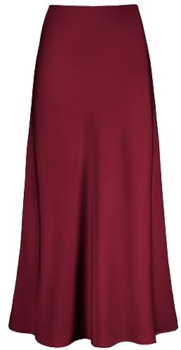 Outoshe Damen Satin Hohe Taille Maxiröcke Versteckter Elastischer Bund A-Linie Langer Rock, Weinrot, Klein