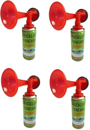 JUNG Druckluftfanfare Air Horn 4X 210ml, bis zu 60 Signale, Fanfare für EM 2024, Europameisterschaft, als Warnsingnal, Hupe Tröte Drucklufthupe Gashupe Fantröte Airhorn Stadion Horn