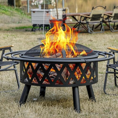 EcoNook 91,4 cm große Holz-Feuerstelle mit 2 Schlaufen, Outdoor-Feuerstelle mit Funkenschutz und Feuerschürhaken, Kreuzgeflecht-Feuerstelle für Außenkamin Lagerfeuer für Hof, Terrasse, Garten