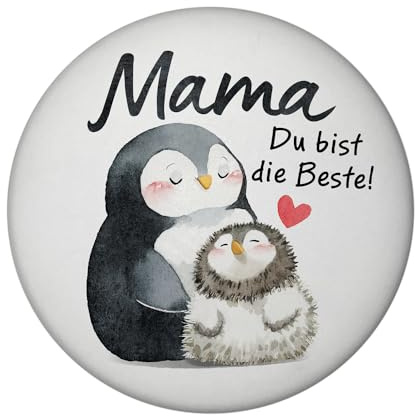 Pinguin Mutter und Kind Magnet rund mit Spruch Mama du bist die Beste Muttertagsgeschenk voller Liebe Herzliches Dankeschön für Mama Familien-Tier-Motiv